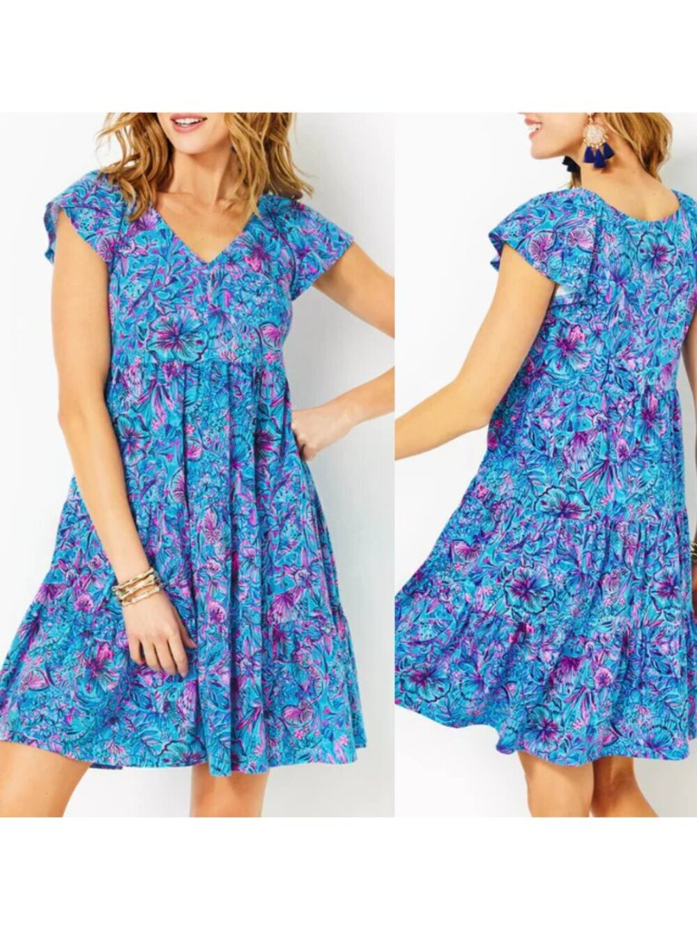 NWOT Lilly Pulitzer Kawai Flutter Sleeve Dress Breakwater Blue Shells N Bells